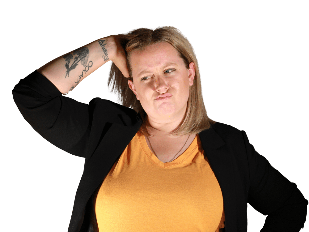 Woman in a yellow shirt wondering.